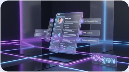 3D neon render of a CVgen resume with its AI analysis modules