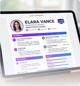 Premium purple resume template displayed on a tablet